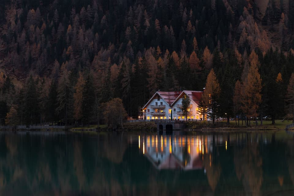 Lakeside home at dusk